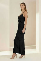 Kaelith | Sky Blue - Halter Sheath Satin Backless Long Formal Prom Dresses With Ruffles - KissProm