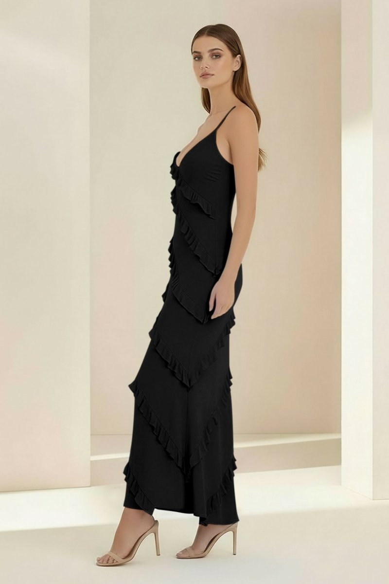 Kaelith | Sky Blue - Halter Sheath Satin Backless Long Formal Prom Dresses With Ruffles - KissProm