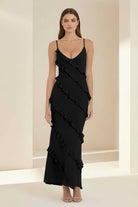 Kaelith | Sky Blue - Halter Sheath Satin Backless Long Formal Prom Dresses With Ruffles - KissProm