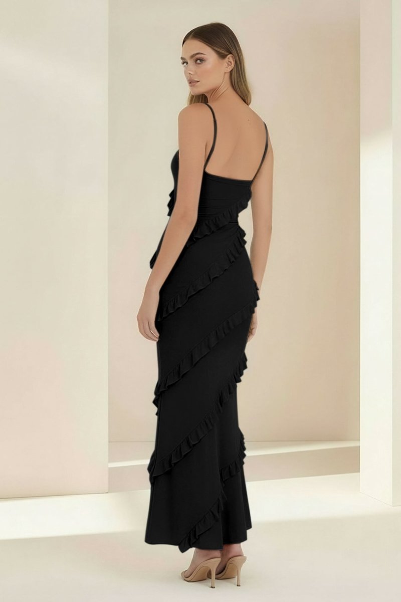 Kaelith | Sky Blue - Halter Sheath Satin Backless Long Formal Prom Dresses With Ruffles - KissProm