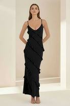 Kaelith | Sky Blue - Halter Sheath Satin Backless Long Formal Prom Dresses With Ruffles - KissProm