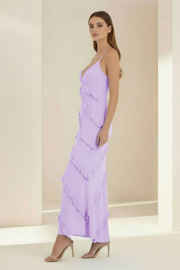 Kaelith | Sky Blue - Halter Sheath Satin Backless Long Formal Prom Dresses With Ruffles - KissProm