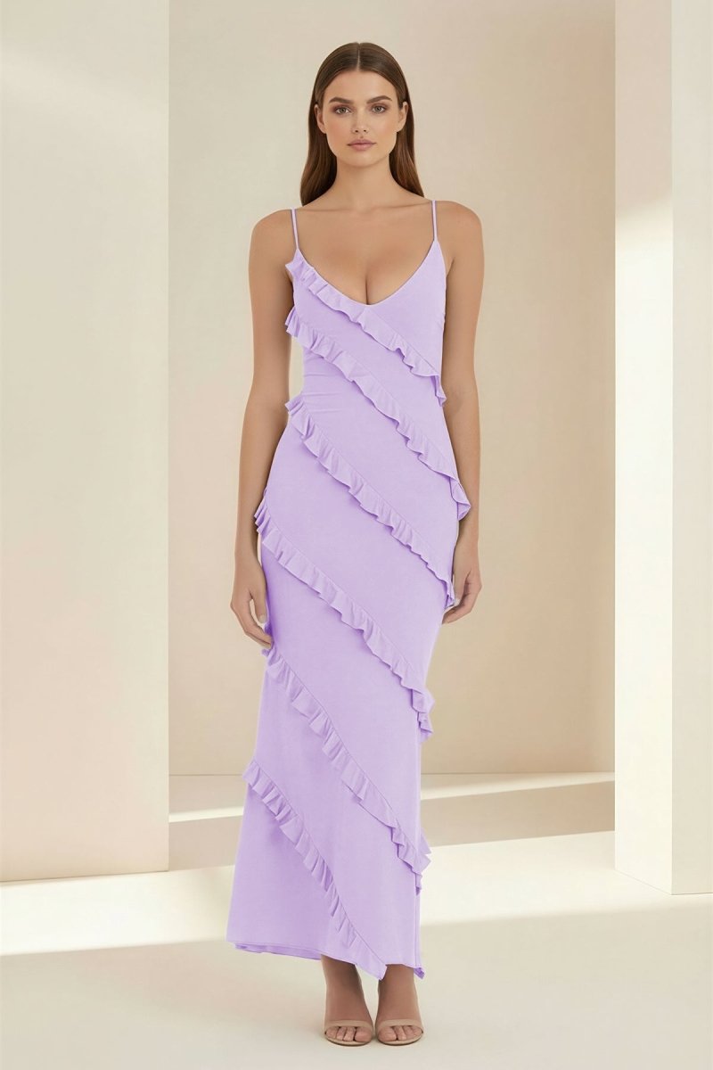 Kaelith | Sky Blue - Halter Sheath Satin Backless Long Formal Prom Dresses With Ruffles - KissProm