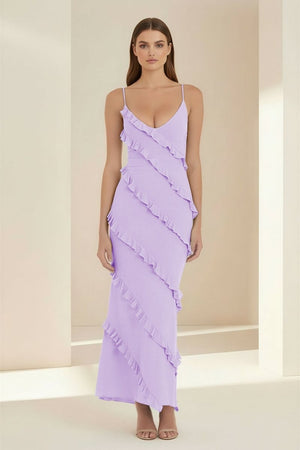 Kaelith | Sky Blue - Halter Sheath Satin Backless Long Formal Prom Dresses With Ruffles - KissProm