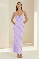 Kaelith | Sky Blue - Halter Sheath Satin Backless Long Formal Prom Dresses With Ruffles - KissProm