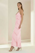 Kaelith | Sky Blue - Halter Sheath Satin Backless Long Formal Prom Dresses With Ruffles - KissProm