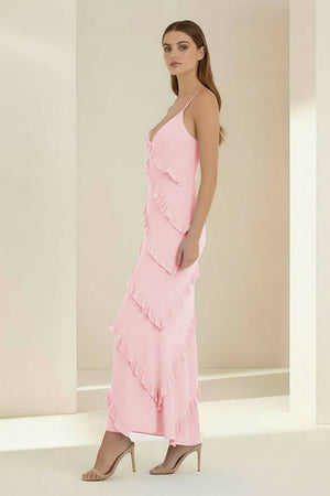 Kaelith | Sky Blue - Halter Sheath Satin Backless Long Formal Prom Dresses With Ruffles - KissProm