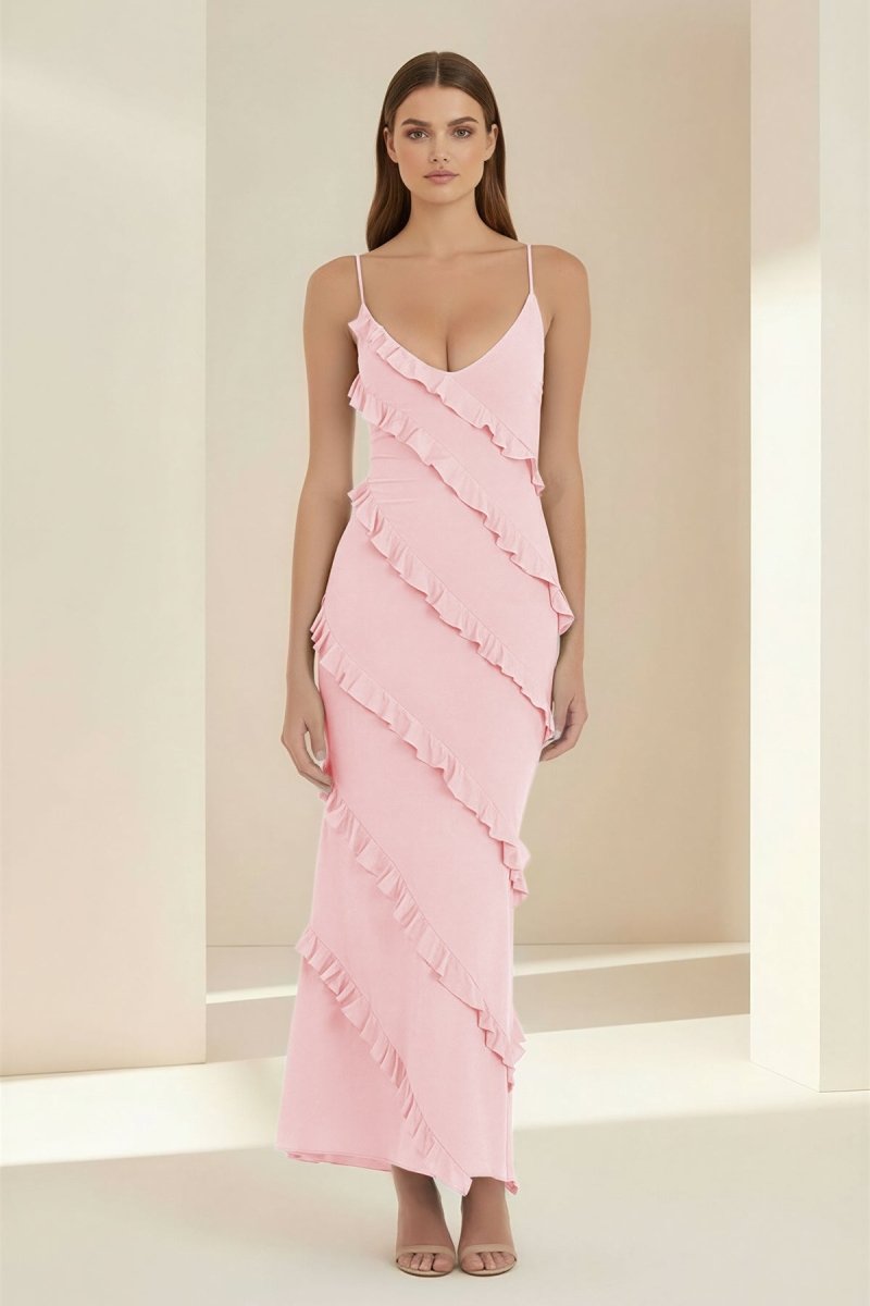 Kaelith | Sky Blue - Halter Sheath Satin Backless Long Formal Prom Dresses With Ruffles - KissProm