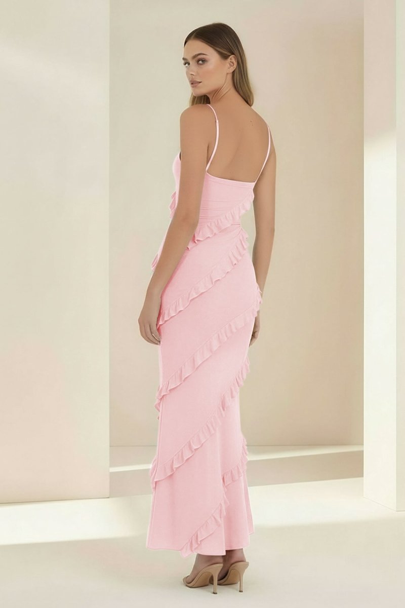 Kaelith | Sky Blue - Halter Sheath Satin Backless Long Formal Prom Dresses With Ruffles - KissProm