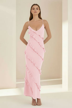 Kaelith | Sky Blue - Halter Sheath Satin Backless Long Formal Prom Dresses With Ruffles - KissProm