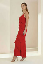 Kaelith | Sky Blue - Halter Sheath Satin Backless Long Formal Prom Dresses With Ruffles - KissProm