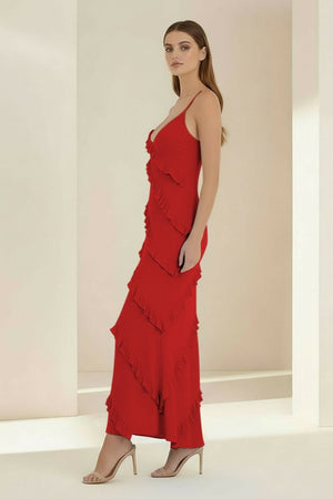 Kaelith | Sky Blue - Halter Sheath Satin Backless Long Formal Prom Dresses With Ruffles - KissProm