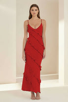 Kaelith | Sky Blue - Halter Sheath Satin Backless Long Formal Prom Dresses With Ruffles - KissProm