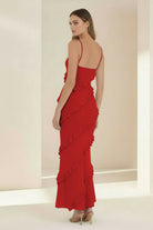 Kaelith | Sky Blue - Halter Sheath Satin Backless Long Formal Prom Dresses With Ruffles - KissProm