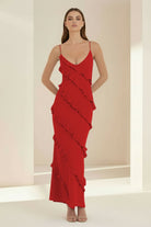 Kaelith | Sky Blue - Halter Sheath Satin Backless Long Formal Prom Dresses With Ruffles - KissProm