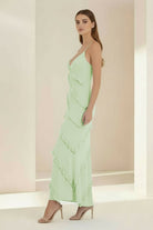 Kaelith | Sky Blue - Halter Sheath Satin Backless Long Formal Prom Dresses With Ruffles - KissProm