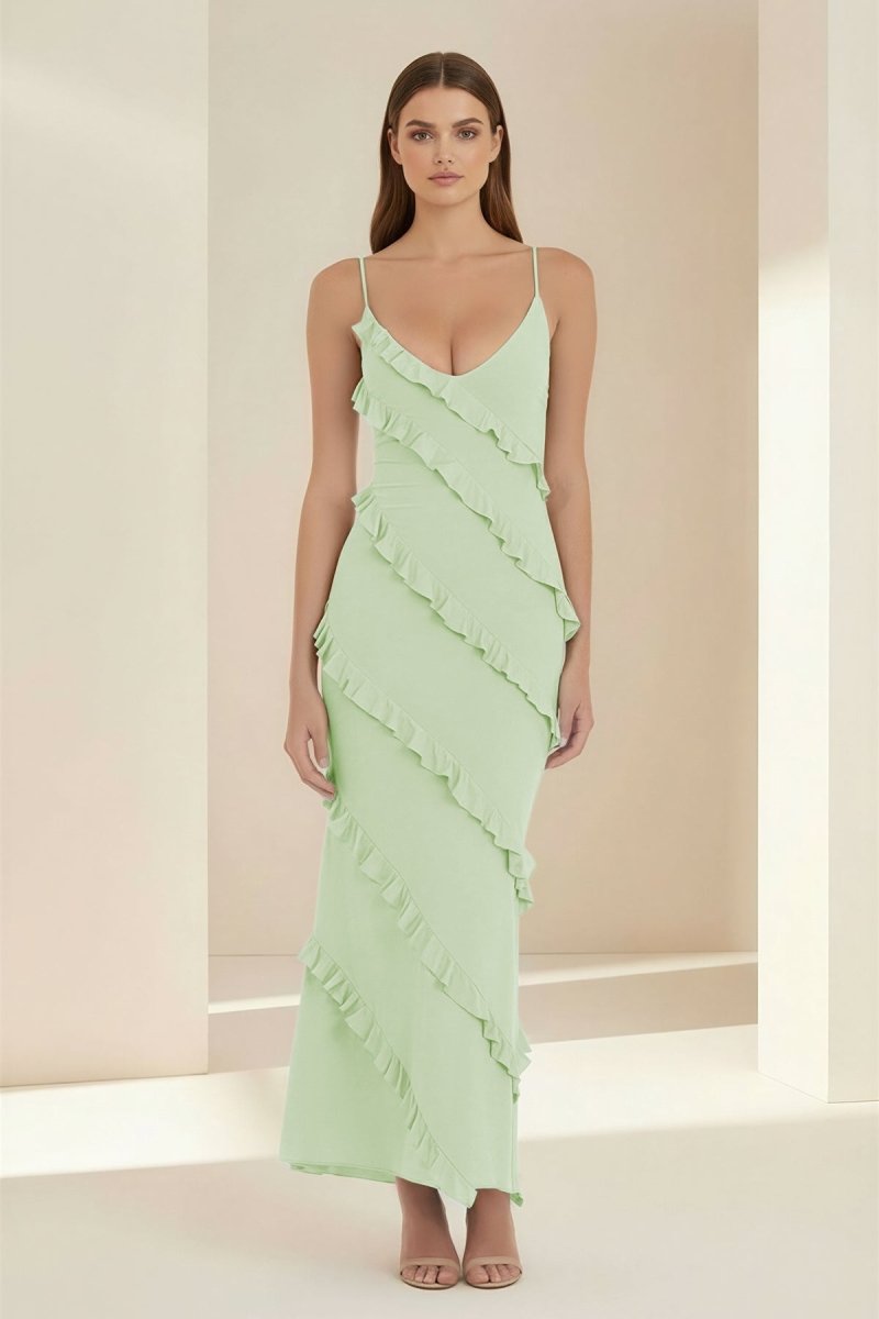 Kaelith | Sage - Halter Sheath Satin Backless Long Formal Prom Dresses With Ruffles - KissProm