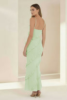 Kaelith | Sky Blue - Halter Sheath Satin Backless Long Formal Prom Dresses With Ruffles - KissProm