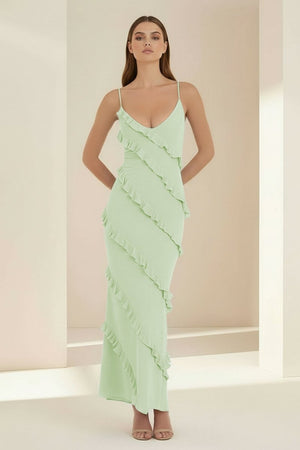 Kaelith | Sky Blue - Halter Sheath Satin Backless Long Formal Prom Dresses With Ruffles - KissProm