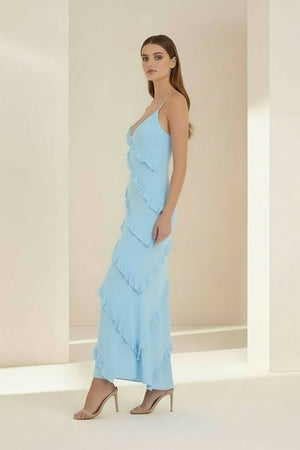 KissProm-Kaelith Sky Blue - Halter Sheath Satin Backless Long Formal Prom Dresses With Ruffles 
