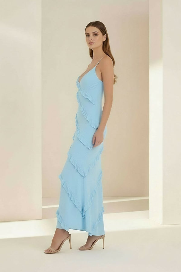 KissProm-Kaelith Sky Blue - Halter Sheath Satin Backless Long Formal Prom Dresses With Ruffles 