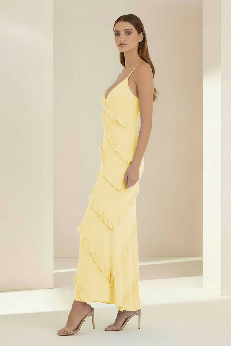 Kaelith | Sky Blue - Halter Sheath Satin Backless Long Formal Prom Dresses With Ruffles - KissProm