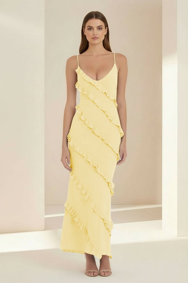 Kaelith | Sky Blue - Halter Sheath Satin Backless Long Formal Prom Dresses With Ruffles - KissProm