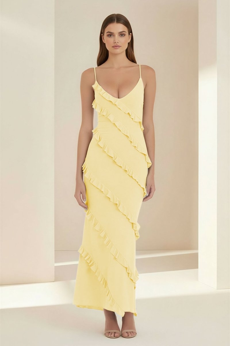 Kaelith | Sky Blue - Halter Sheath Satin Backless Long Formal Prom Dresses With Ruffles - KissProm