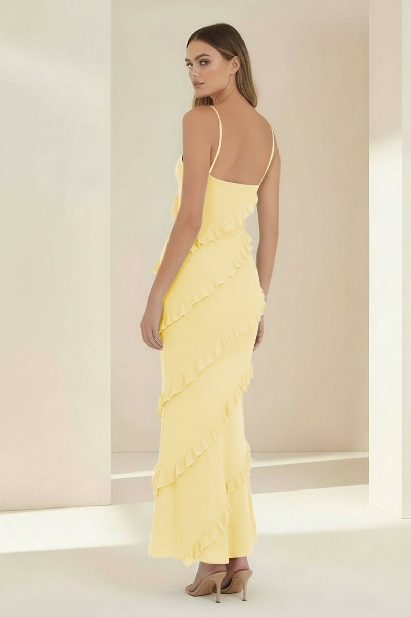 Kaelith | Sky Blue - Halter Sheath Satin Backless Long Formal Prom Dresses With Ruffles - KissProm