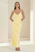 Kaelith | Sky Blue - Halter Sheath Satin Backless Long Formal Prom Dresses With Ruffles - KissProm