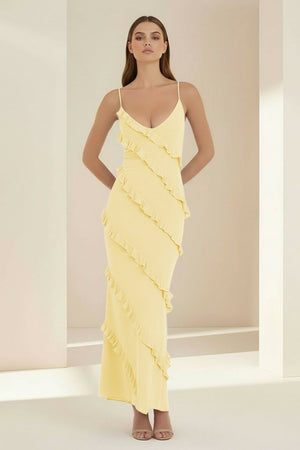 Kaelith | Sky Blue - Halter Sheath Satin Backless Long Formal Prom Dresses With Ruffles - KissProm