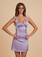 Kaerith | Lilac - Sheath Satin V Neck Short Homecoming & Cocktail Dresses with Ruffles