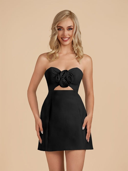 Kaida | Black - Sheath Strapless Flowers Cutout Short Homecoming Dresses - KissProm