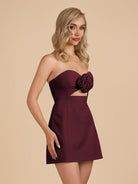 Kaida | Burgundy - Sheath Strapless Flowers Cutout Short Homecoming Dresses - KissProm