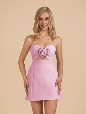 Kaida | Pink - Sheath Strapless Flowers Cutout Short Homecoming Dresses