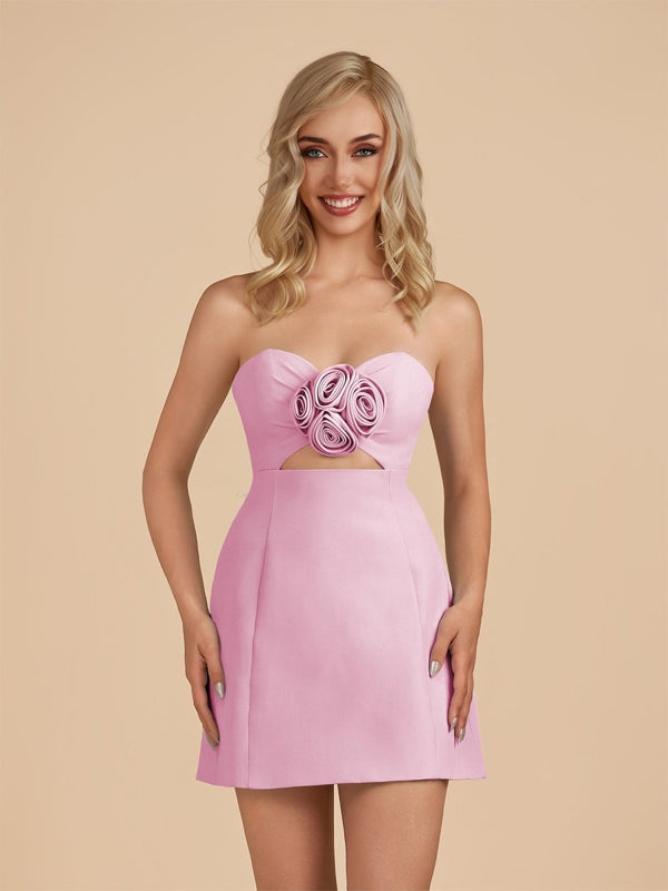 Kaida | Pink - Sheath Strapless Flowers Cutout Short Homecoming Dresses