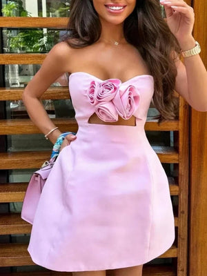 Kaida | Pink - Sheath Strapless Flowers Cutout Short Homecoming Dresses