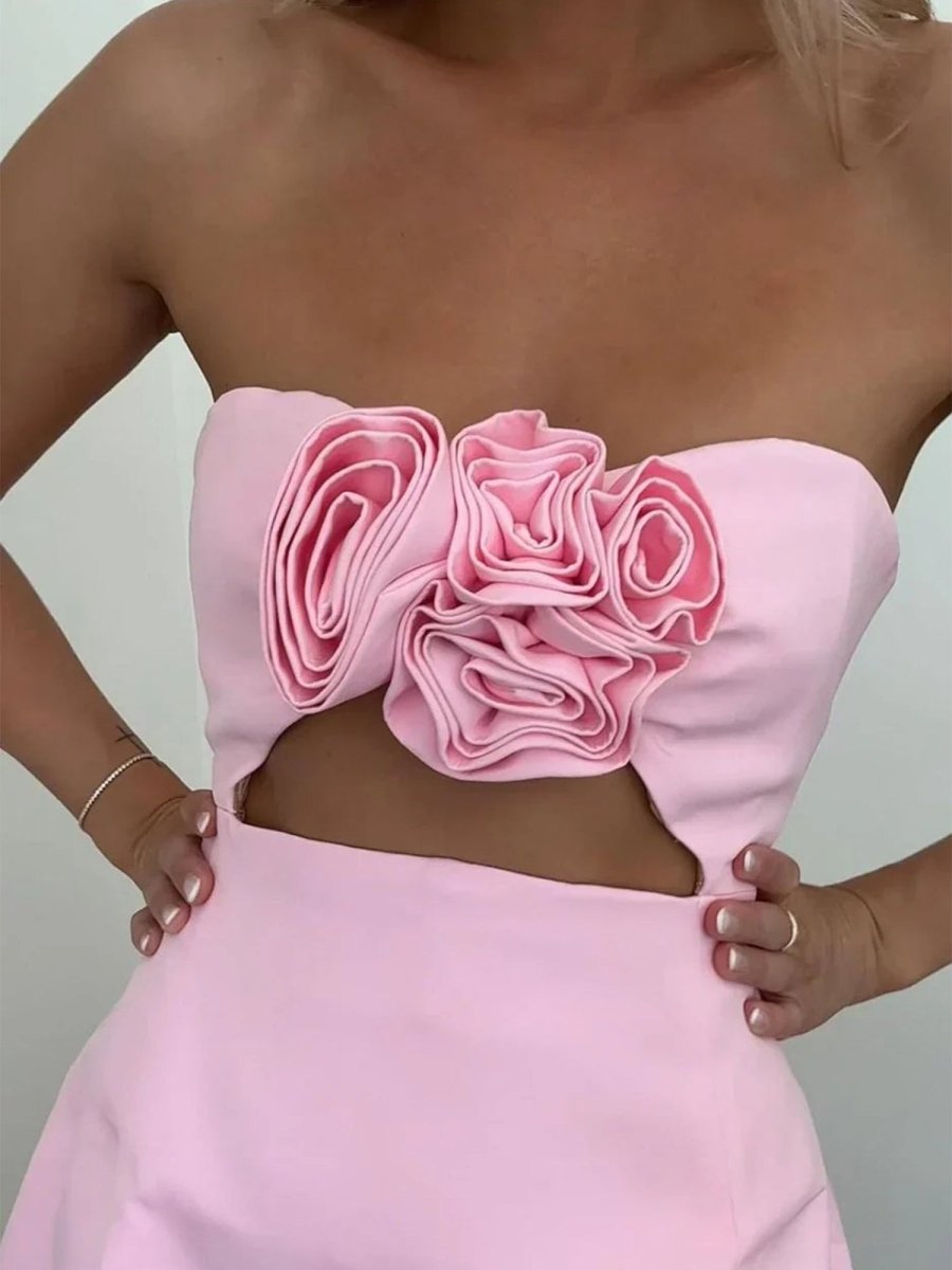 Kaida | Pink - Sheath Strapless Flowers Cutout Short Homecoming Dresses