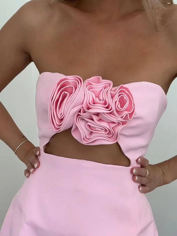 Kaida | Pink - Sheath Strapless Flowers Cutout Short Homecoming Dresses
