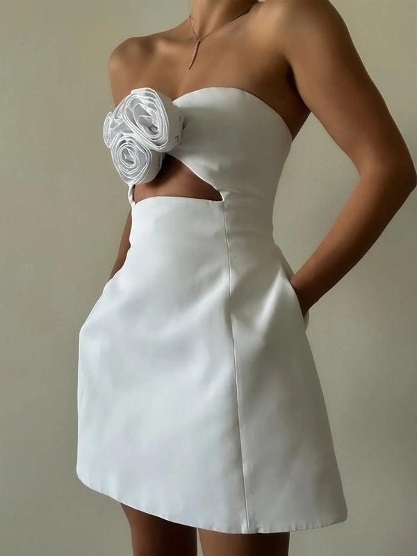 Kaida | Ivory - Sheath Strapless Flowers Cutout Short Homecoming Dresses