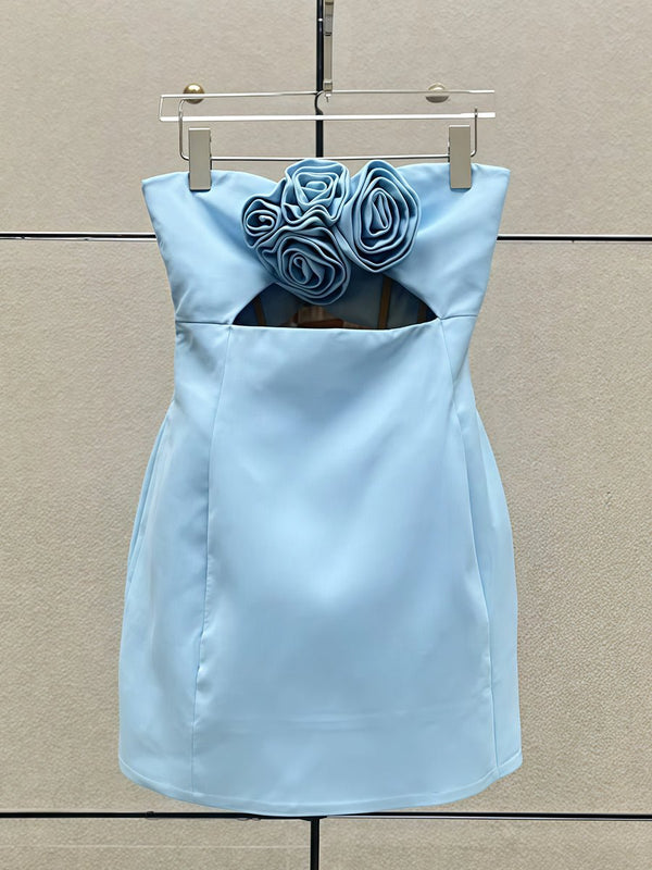 Kaida | Sky Blue - Sheath Strapless Flowers Cutout Short Homecoming Dresses