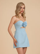 Kaida | Sky Blue - Sheath Strapless Flowers Cutout Short Homecoming Dresses