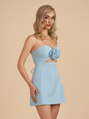 Kaida | Sky Blue - Sheath Strapless Flowers Cutout Short Homecoming Dresses