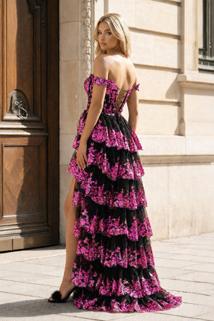 Black-Fuchsia Off the Shoulder Sequin Long Prom Dress with Slit - KissProm