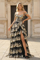 Gold Off the Shoulder Sequin Long Prom Dress with Slit - KissProm