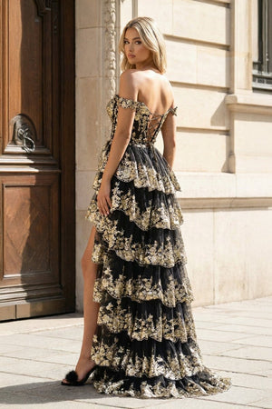 Gold Off the Shoulder Sequin Long Prom Dress with Slit - KissProm