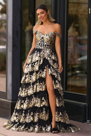 black and gold high low prom dress Gold Off the Shoulder Sequin Long Prom Dress with Slit Gold / 14 main image 1