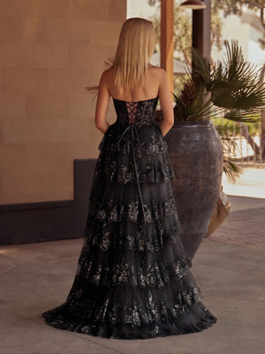 Sky Blue A Line Strapless Ruffle Sequin Lace Prom Dresses - KissProm