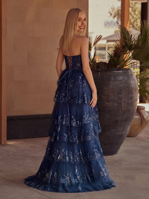 Sky Blue A Line Strapless Ruffle Sequin Lace Prom Dresses - KissProm