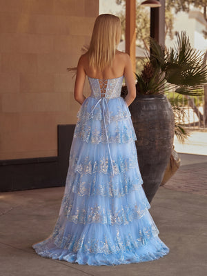 Sky Blue A Line Strapless Ruffle Sequin Lace Prom Dresses - KissProm